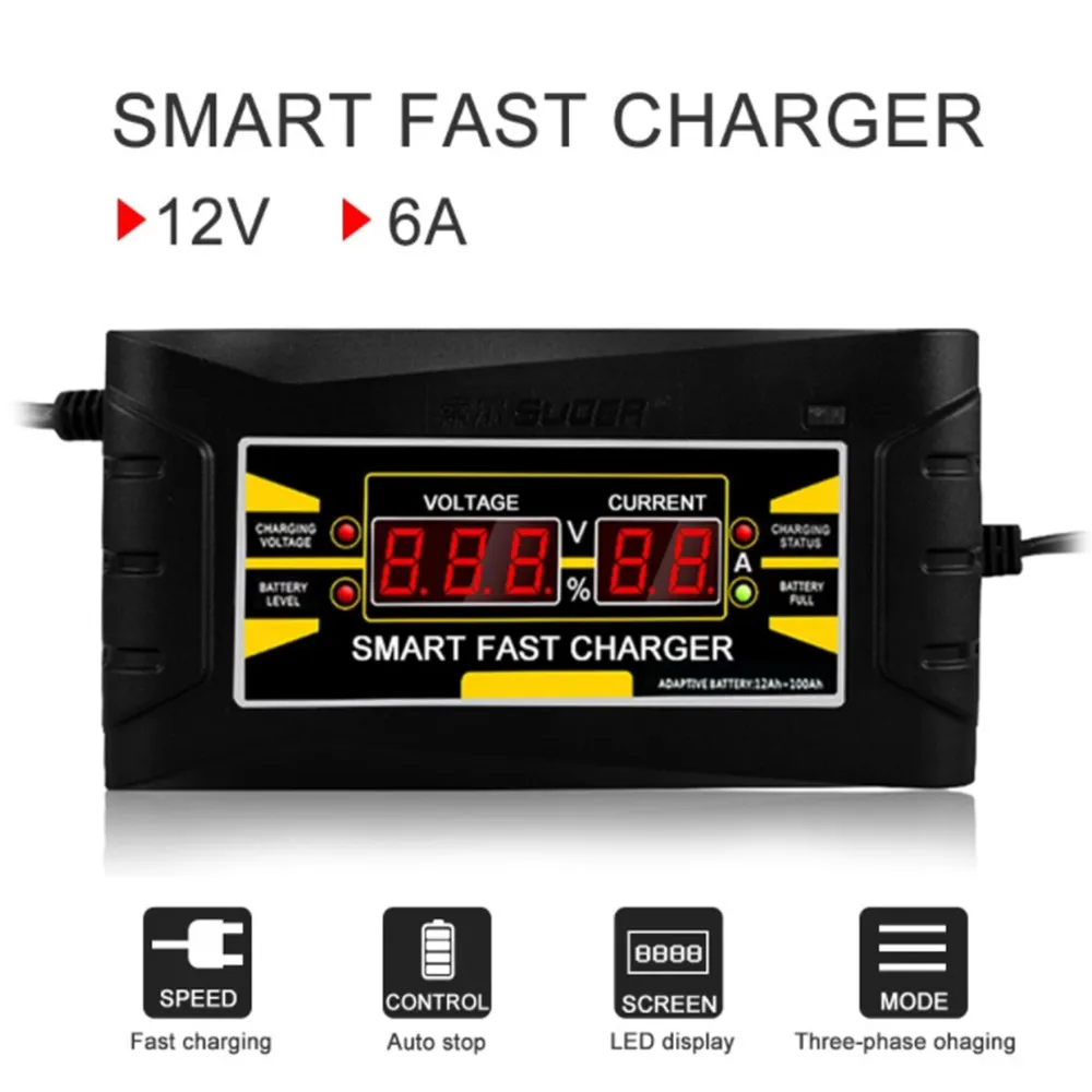 Car Battery Charging Units Full Automatic Car Battery Charger 150V-250V To 12V 6A EU Car Charger For Car Battery HD LCD Display