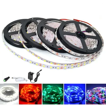 

5M 5050 SMD Brighter Than 2835 LED grow Strip light DC 12V 60LEDs/M Indoor Decorative Tape White Blue Red+Power Adapter Full Set