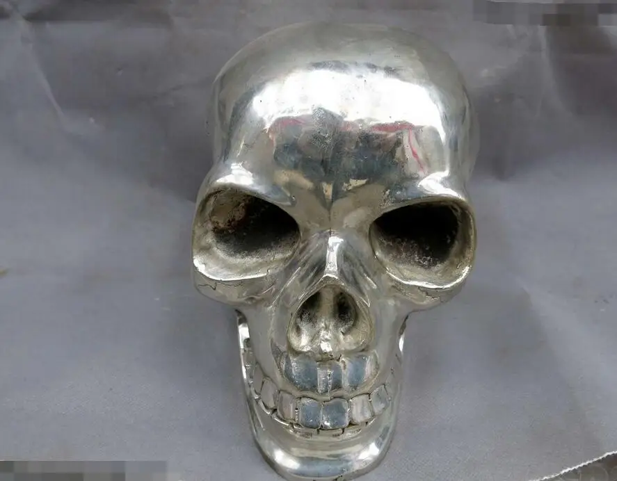 

8" China Tibet copper silver buddhism beautiful skull Head sculpture Statue