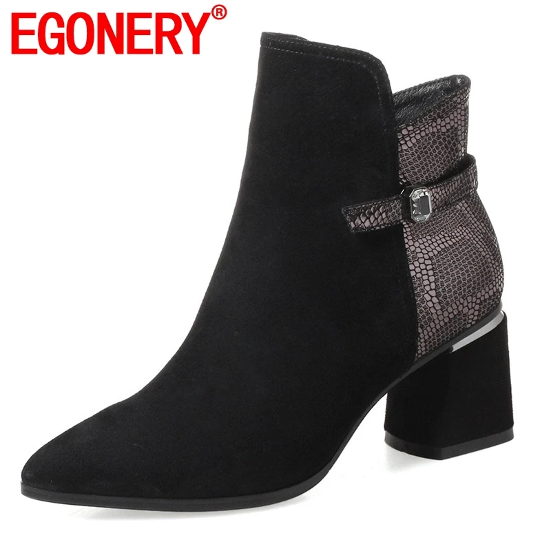

EGONERY 2019 newest hot sale popular high square heel pointed toe zipper kid suede mixed colors fashion winter warm ankle boots