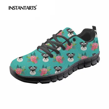 

INSTANTARTS Youth Girl Lace Up Casual Mesh Flat Shoes 3D Cute Standard Schnauzer Dog Pattern Women Flats Outside Female Sneakers