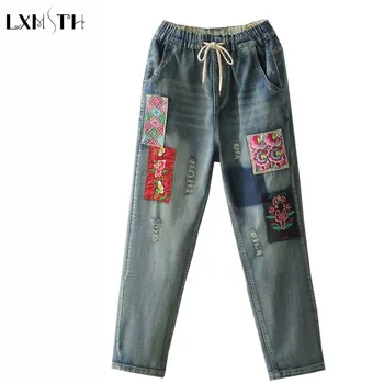 

New Harem Jeans Women Elastic Waist Fiashinnova Woman Denim Pants Female Appliques Light Blue Denim Pants Ladies Pockets Bottom