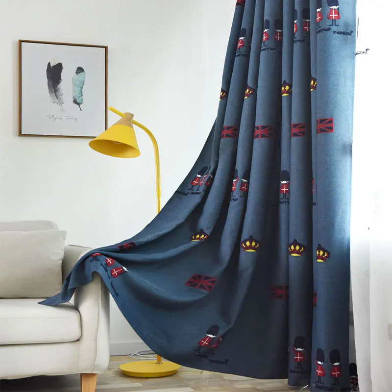 

Navy Blue Blackout Curtains for Bedroom Nursery British Soldier Embroidered Cartoon Flag Kids Boys French Window Drape WP170-30