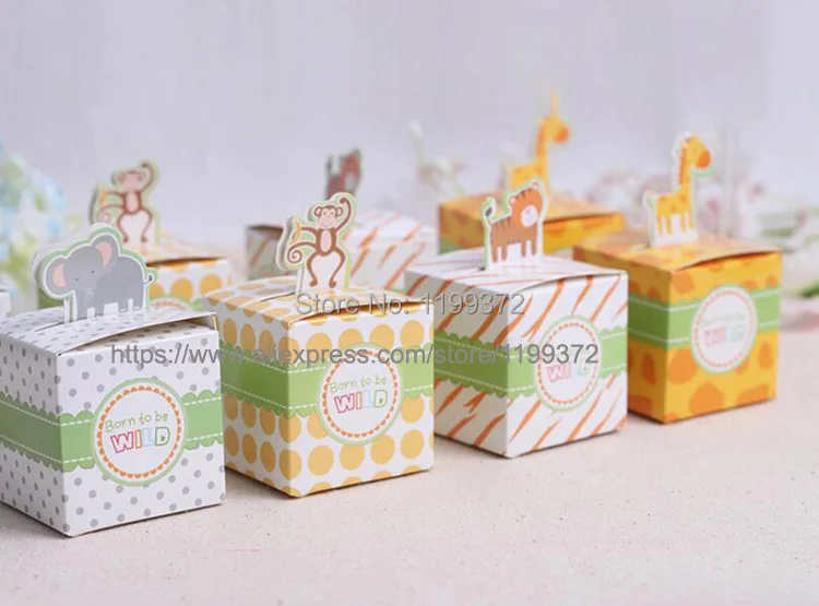 

1000pcs Born To Be Wild Jungle tiger elephant monkey giraffe Safari Wedding Party Baby Shower Favor Gift Candy Box Animal Boxes