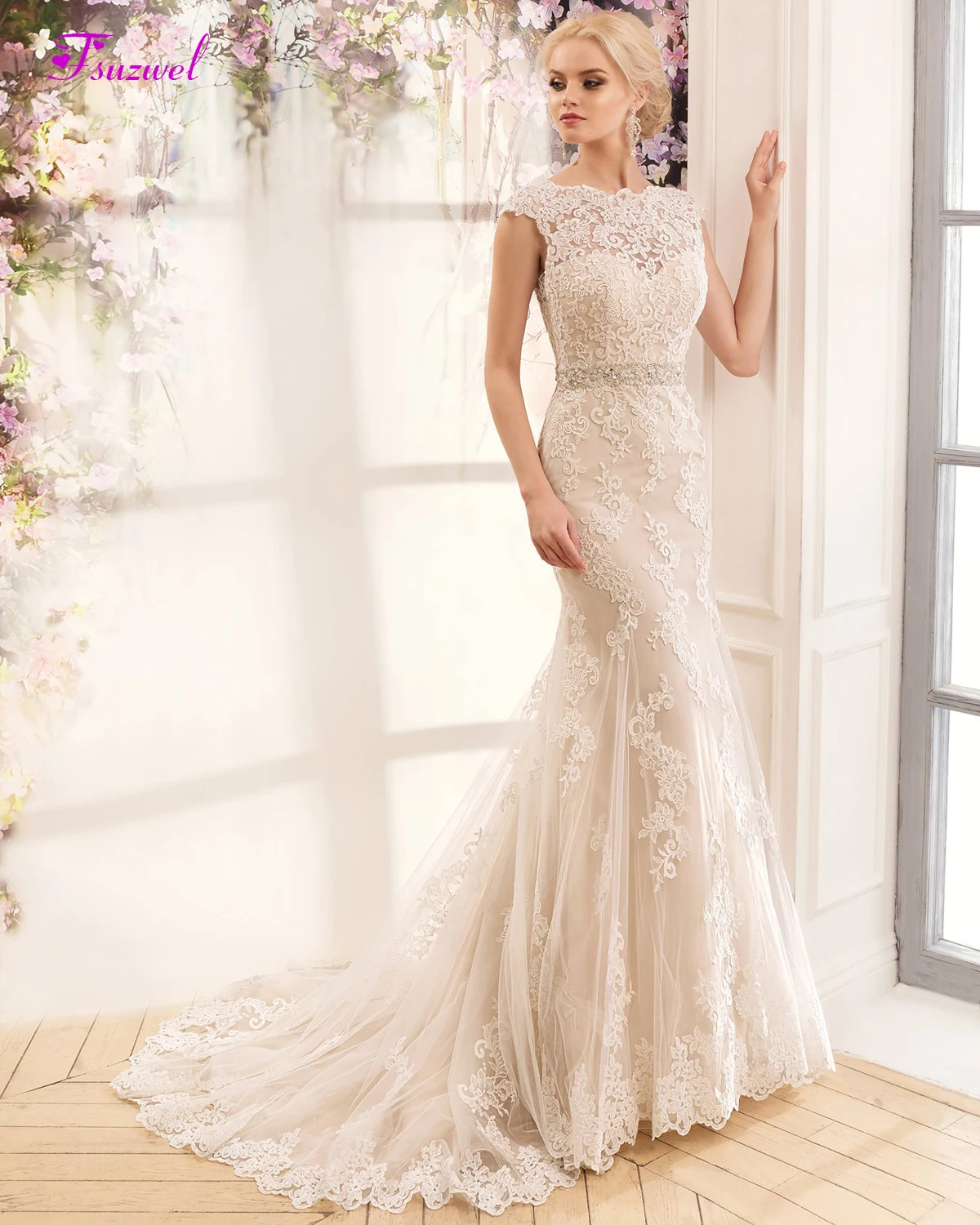 

Fsuzwel Romantic Scoop Neck Backless Mermaid Wedding Dresses 2020 Gorgeous Sashes Appliques Big Bow Trumpet Bride Gown Plus Size