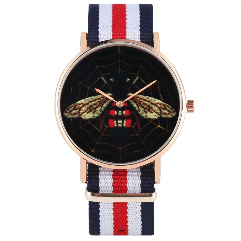 YISUYA, женские кварцевые часы, с рисунком черной пчелы, Uqiaue, модные женские часы, в полоску, с нейлоновым ремешком, простые, без цифрового циферблата, Reloj Mujer