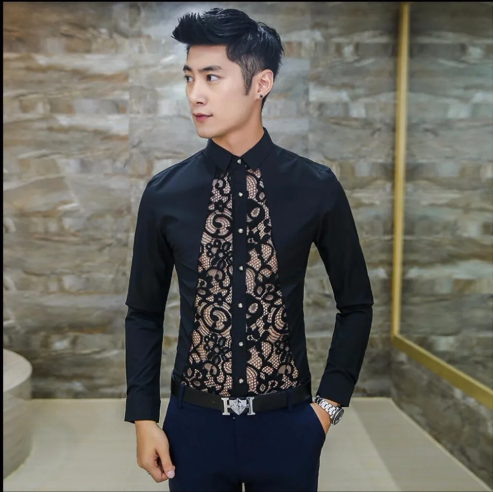 Sweatwater Mens Long-Sleeve Slim Chic Regular Fit Lace Hollow Out Shirts 