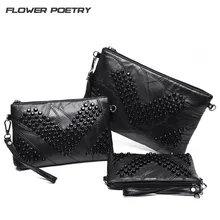 Роскошные черные женские сумки-мессенджеры из натуральной кожи, маленькая сумка через плечо из овчины с заклепками, модные клатчи, женские сумочки