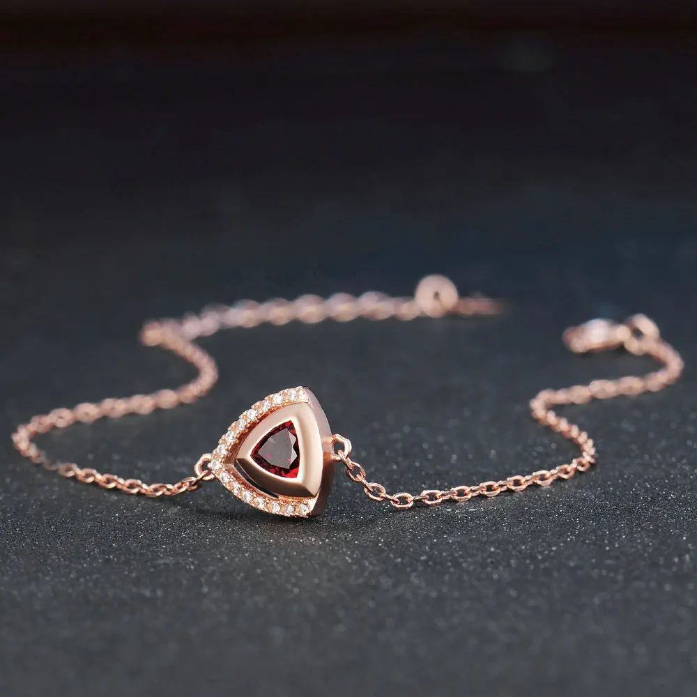 LAMOON Triangle Gemstone 5mm Garnet S925 Bracelets & Bangles 925 Sterling Silver Fine Jewelry Rose Gold Color For Women LMHI040