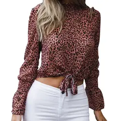 Пикантные леопардовые футболки укороченный топ Flare с длинным рукавом Для женщин Летние шифоновые блузки Femme Стенд воротник плюс Размеры
