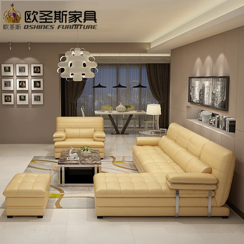 yellow leather sectional sofa set, metal frame leather sofa,italian leather l shape sofa OCS-602