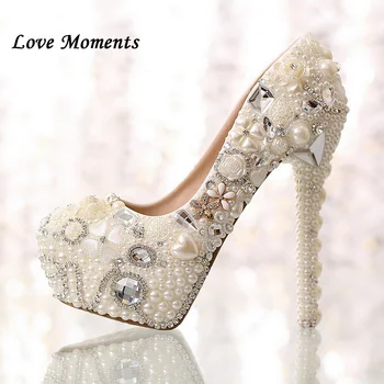 

Aesthetic women's shoes bridal platform wedding shoes single ivory pearl rhinestone wedding shoes 14cm high-heeled
