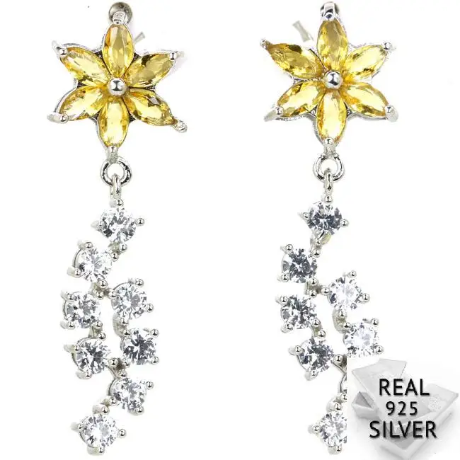 

4.6g Real 925 Solid Sterling Silver Fancy Golden Citrine Woman's Wedding Stud Engagement Earrings 38x12mm