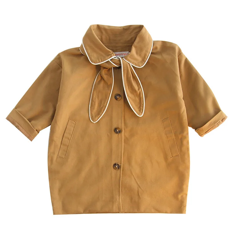 

Children's clothing, women's long single-breasted windbreaker jacket fashion to send a bow tie can also be used as a hair band