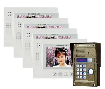 

ZHUDELE 7"Touch Key LCD Video Door Phone Video Intercom IR Camera Password/ID Card Unlock, Support IP Camera 1Camera+4Monitors