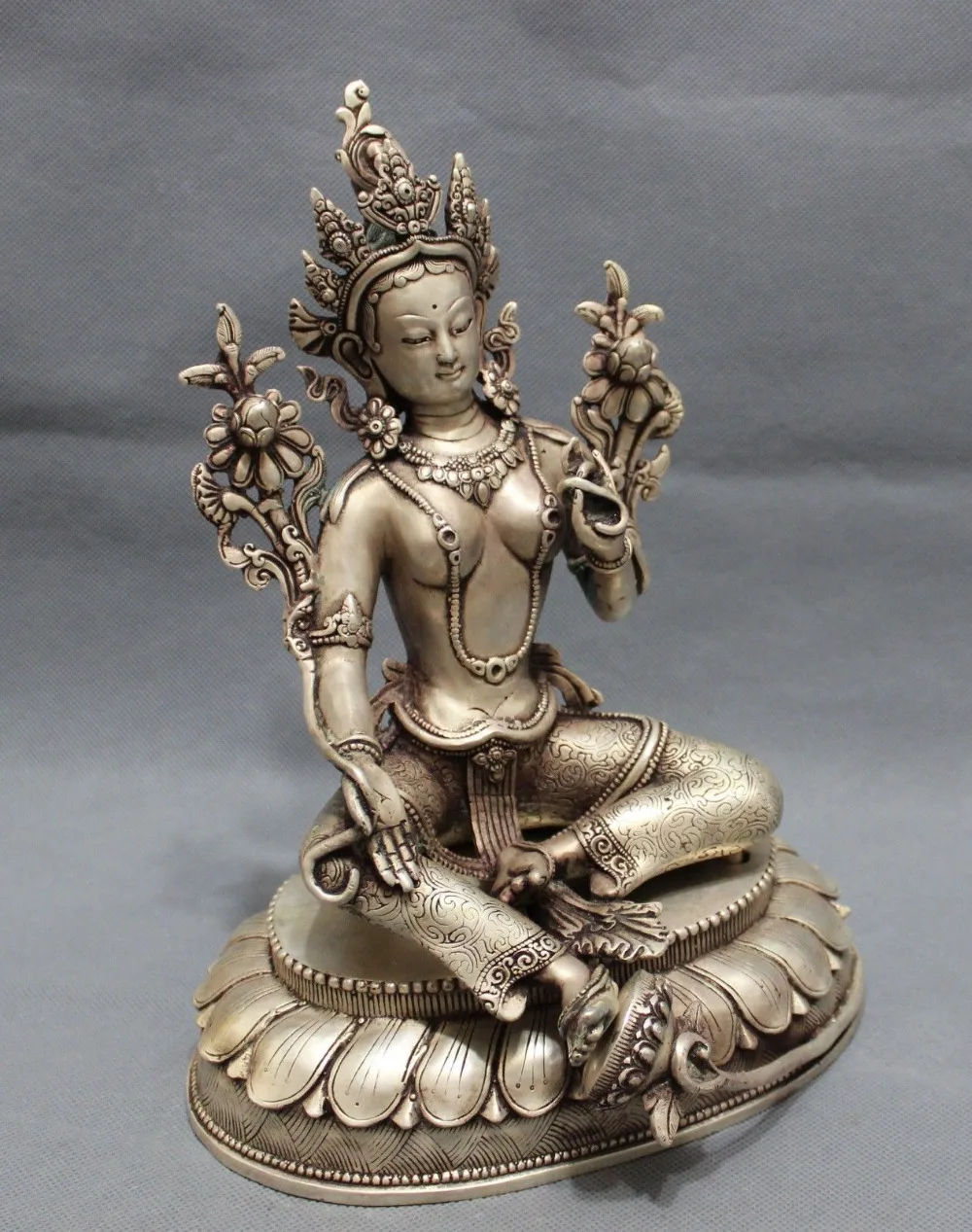 

10" Tibet Bronze Silver Buddhist Lotus Green Tara Buddha Goddess Statue Set