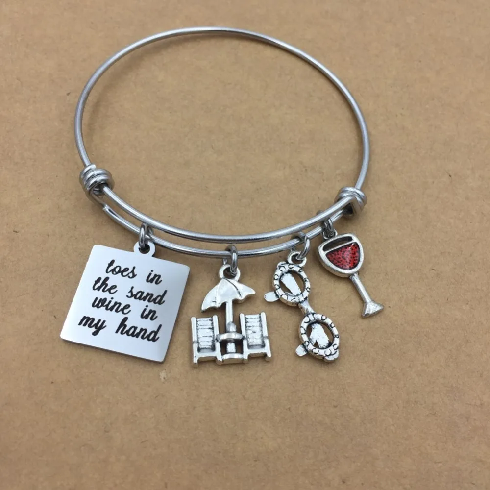 2.5 inches Adjustable Expandable Wire Bangle Toes in the Sand Wine in the Hand Beach Chair Sunglasses Charms Bracelets 2.5 inches Adjustable Expandable Wire Bangle Toes in the Sand Wine in the Hand Beach Chair Sunglasses Charms Bracelets