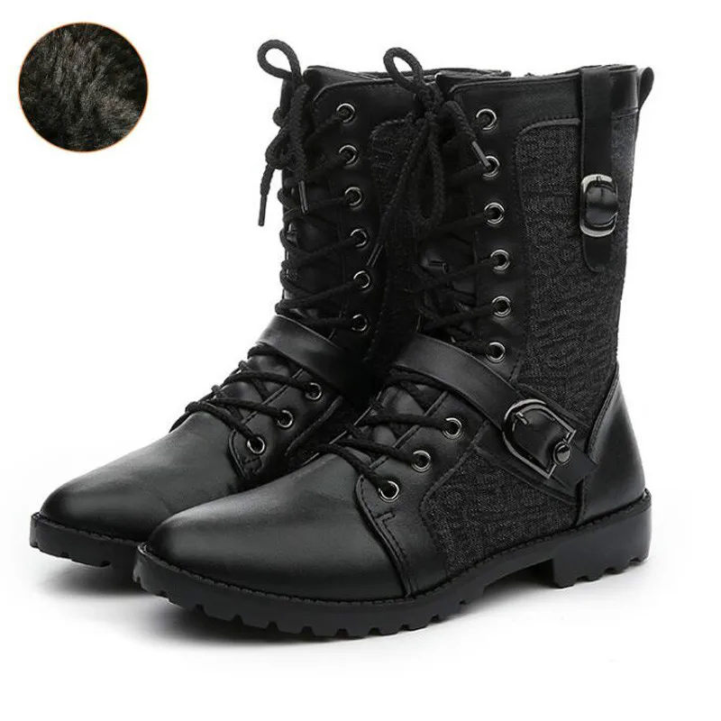 

Dwayne Winter Punk Martin Boots Men Fashion PU Leather Lace-up Motorcycle Boots Black Vintage High Top Buckle Cowboy's Snowboots