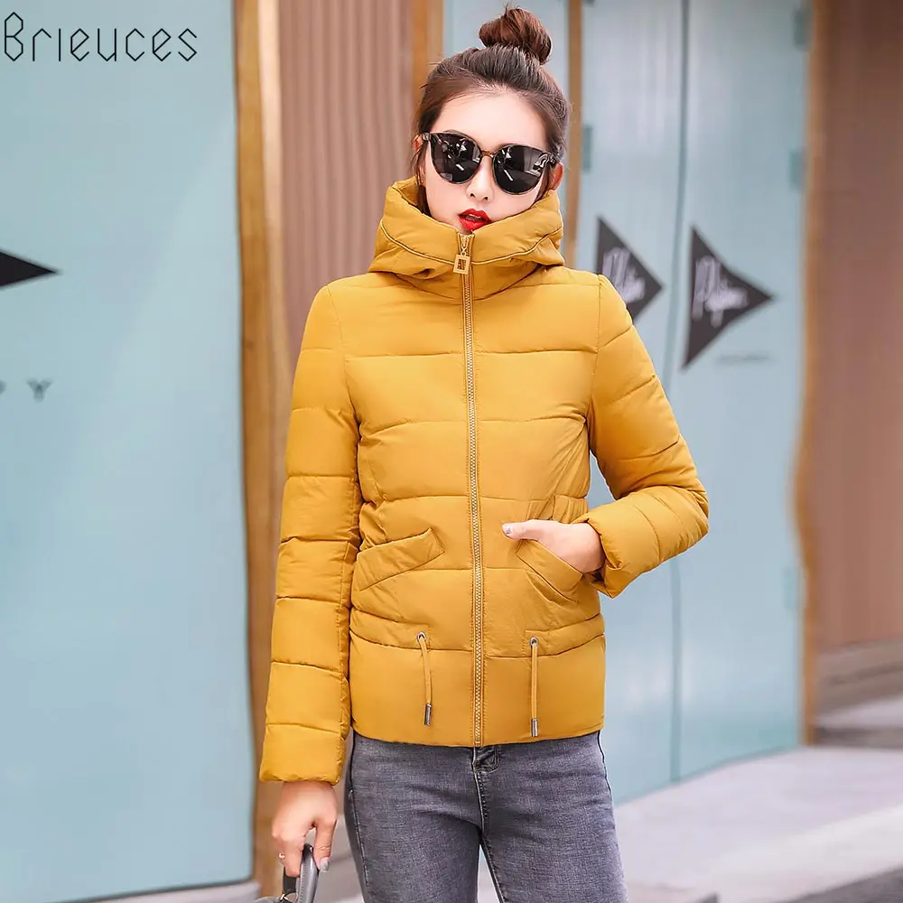 Brieuces 2019 Winter Jacket Women Coat Warm Parkas Short Hooded Cotton-padded Coats Solid Color Basic Wadded Jacket Female