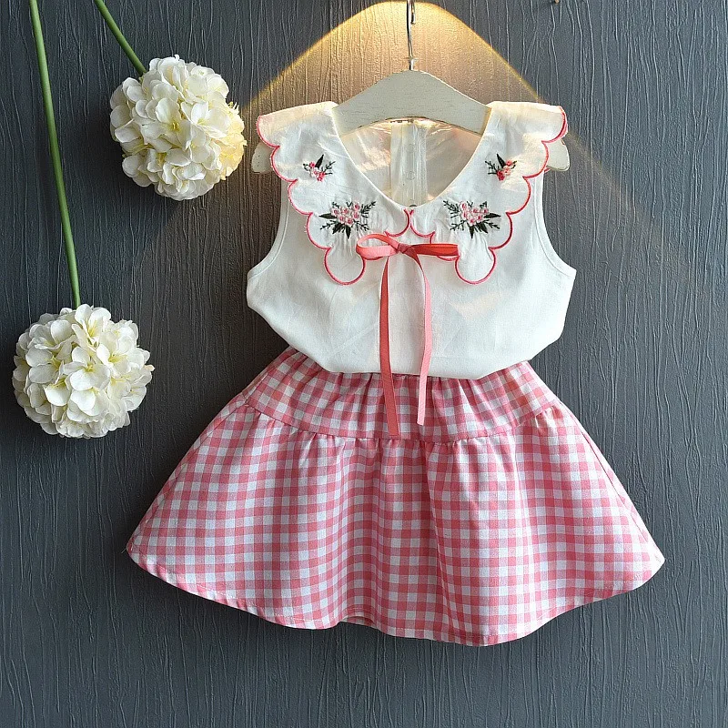 

2Pcs Children Girls Clothes Sets Casual Summer Floral Embroidery Sleeveless Vest Top+Mini Skirts Suits Costume Set