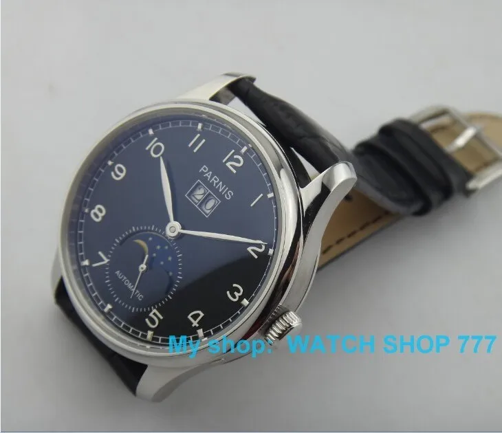 43MM PARNIS Asian ST25 Automatic Self-Wind movement Black dial men's watch Moon Phase Mechanical watches black Strap 330