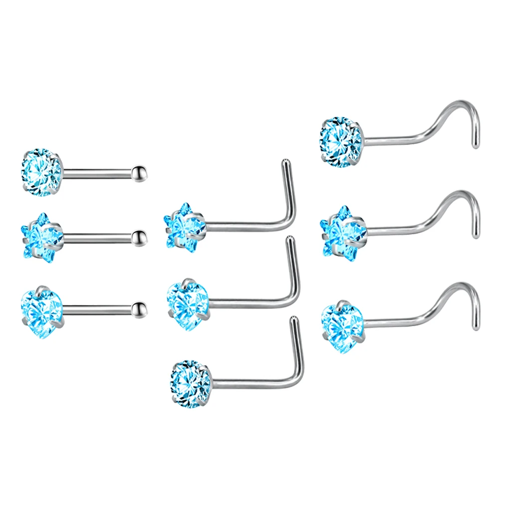 MagiDeal 9 Pieces Stainless Steel Zircon Crystal Screw Curved Nose Ring Studs Ear Body Piercing Jewelry 20G