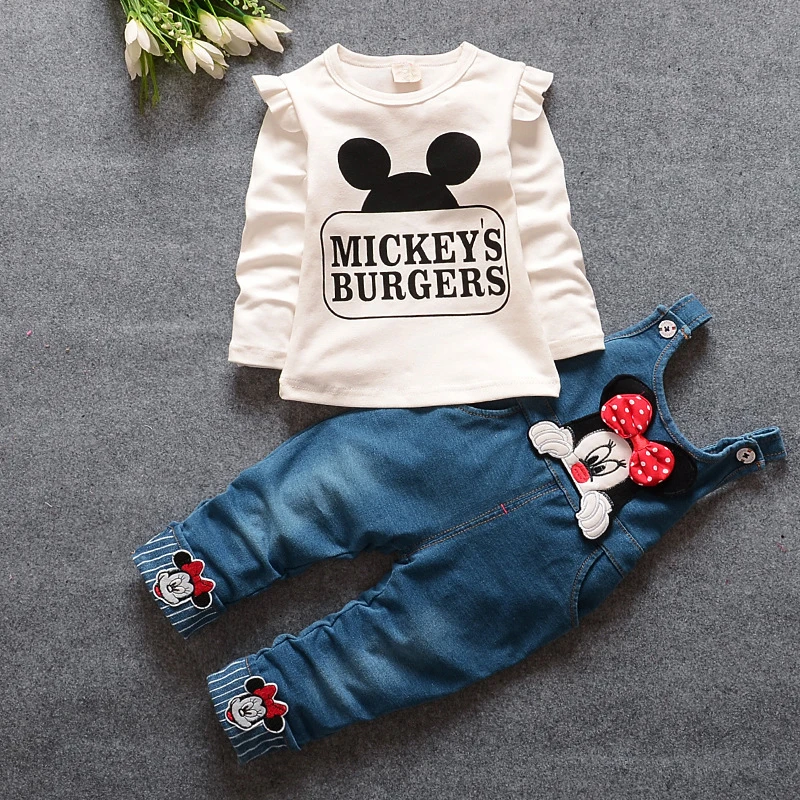 

2019 Autumn Infant Jeans Jumpsuit Baby Girls Sets Long Sleeve Tops+Pants New Born Kids Minnie Mickey Clothes Girls Cotton Outfit