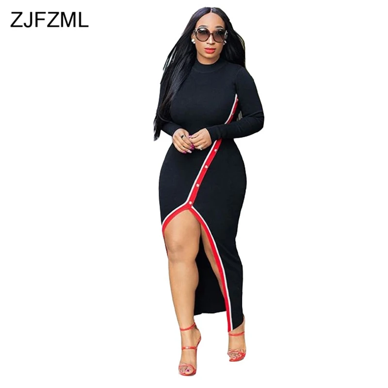 

Front High Split Sexy Bandage Long Dress Women Long Sleeve Stand Collar Bodycon Vestidos Casual Striped Patchwork Party Dresses