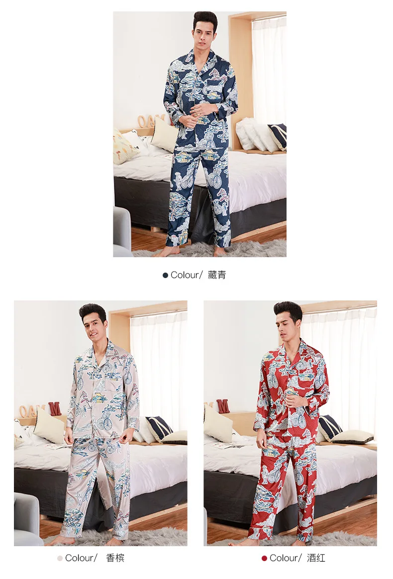 Fdfklak большой размер Мужская пижама Длинные рукава шелковые пижамы pijamas Мужская Ночная рубашка пижамы мужские печати Весна-осень пижамы