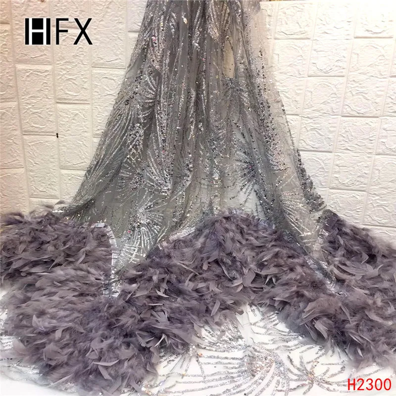 HFX Beautiful Feather Nigerian Lace French Net Sequin Lace Fabric For Nigerian Wedding Embroidery African Lace Fabric F2300