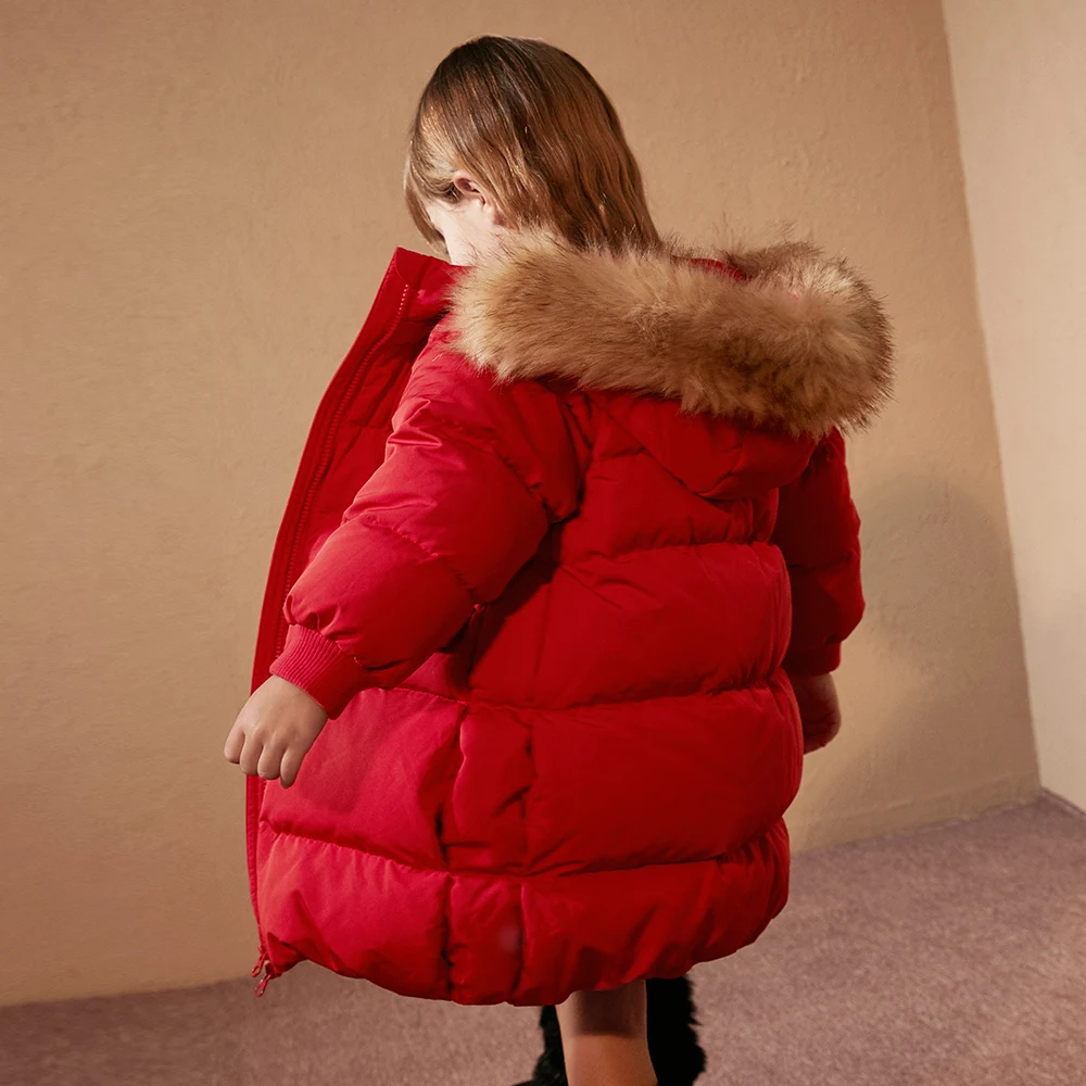Mini Balabala/Детские Длинные куртки без морозов для маленьких девочек, пуховое пальто с отделкой из искусственного меха детская зимняя теплая верхняя одежда