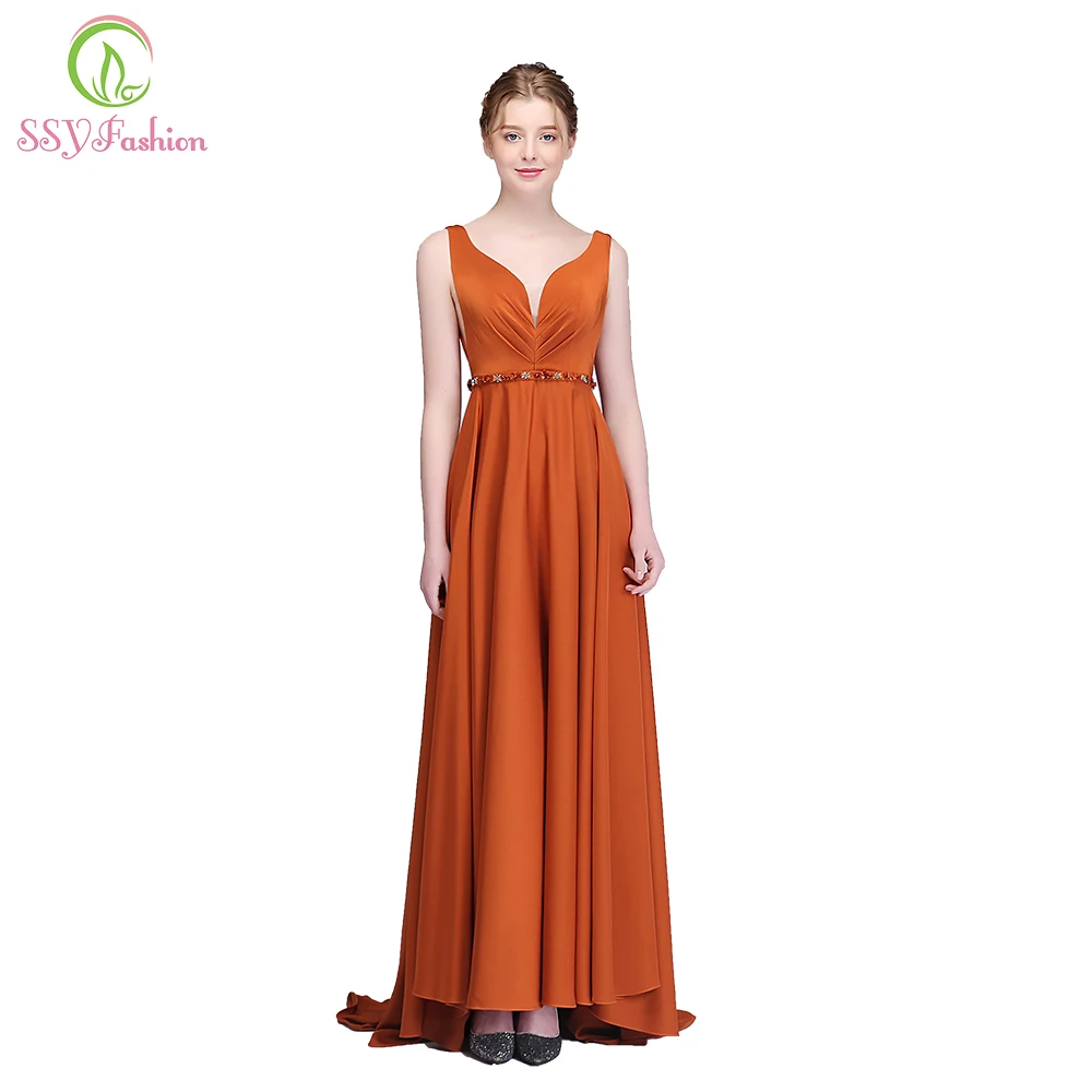 SSYFashion New Caramel Colour Evening Dress Sexy V neck Sleeveless