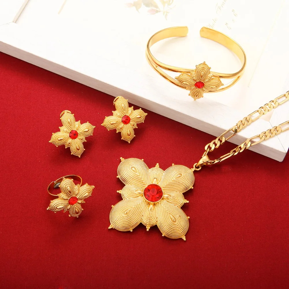 

Girls Red Blue Green Crystal Stone 24k Gold Color Sets For African Ethiopian Eritrean Habesha Jewelry Sets