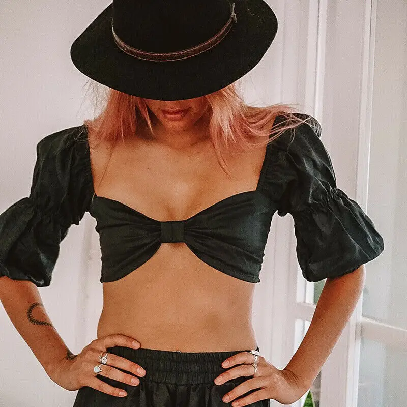 

Women Vintage Patchwork Solid Crop Tops Square Neck Bow Knots Short Puff Sleeves Crop Tops Tank Top Slim Vest Party Holiday