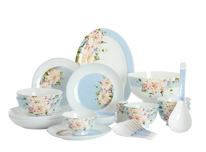 28pcs set, bone china korean dinnerware set, blue floral vintage