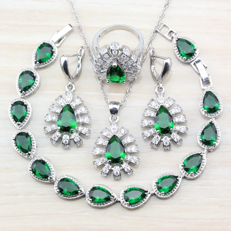 

Amazing Hollow Water Drop 925 Silver Women 4PCS Jewelry Sets Green Zircon Ring Size 6/7/8/9/10 Bracelet Length 18+3CM JS102