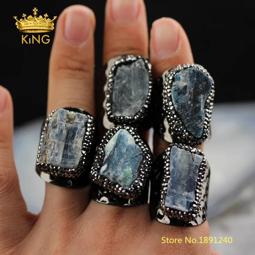 

5pcs Natural Blue Apatite Stones Fine Rings,Freeform Apatite Black Gunmetal Paved Rhinestones Charms Boho Rings Supplies YT51