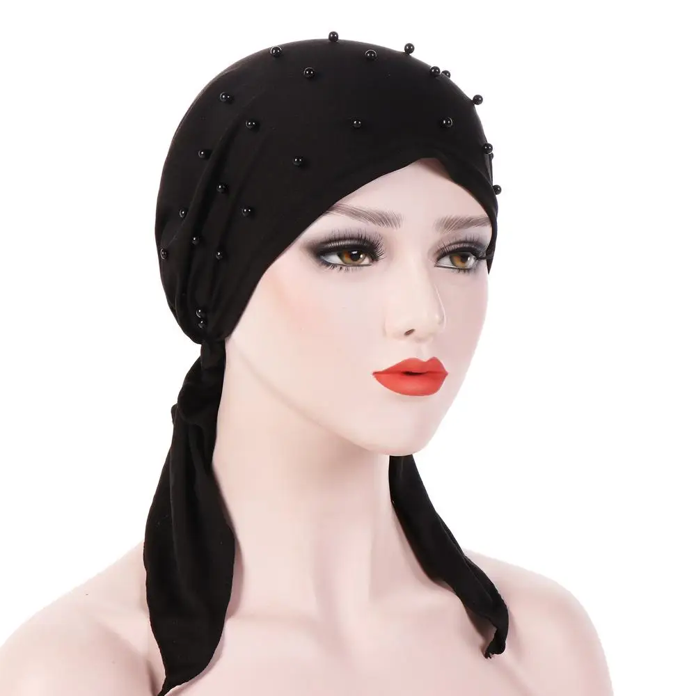 Muslim Beading Hijabs Islamic Turban Headscarf Long Tail Bandanas Hair Loss Hat Stretch Arab Chemo Cancer Cap Wrap Bonnet Beanie - Цвет: Black