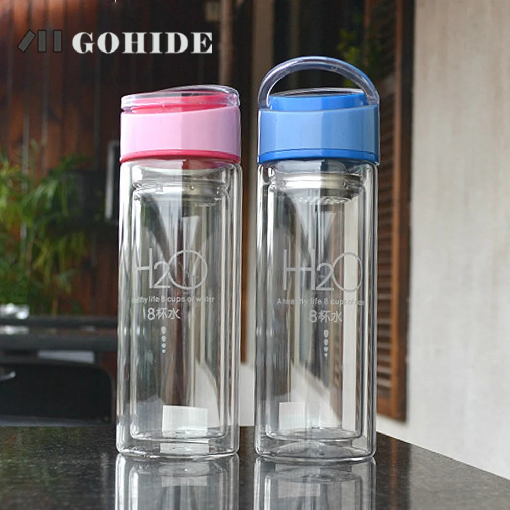 

JUH 1Pc Double-Layer Glass Water Bottle With Tea Isolation Teacup Lift-Ring Convenient To Carry Office Outdoor Business Gift