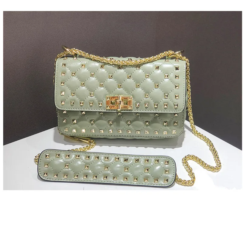 

2019 Women Matcha Green Geniune Leather Fashion Rivets Handbags Shoulder Bags Ladies Chains Hand Bags