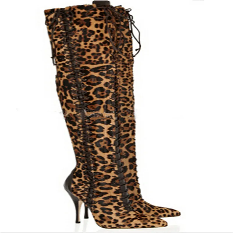hot selling suede leather leopard printed over the knee long boots woman lace up gladiator ...
