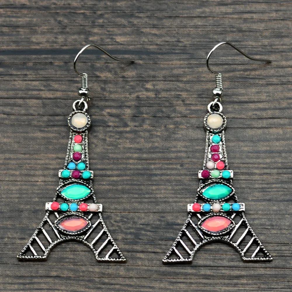 

Cute Antique Silver Color Colorful Man Made Opal Stone Eiffel Tower Drop Earrings Jewelry For Women Girls