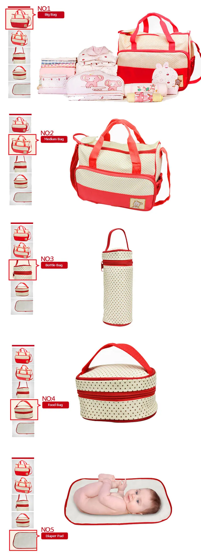 5 PC Multifunction Large Capacity Mummy Diaper Bag Bottle Holder Insulation Thermal Bag For Baby Care Nappy Mommy Handbag BB6003 (8)