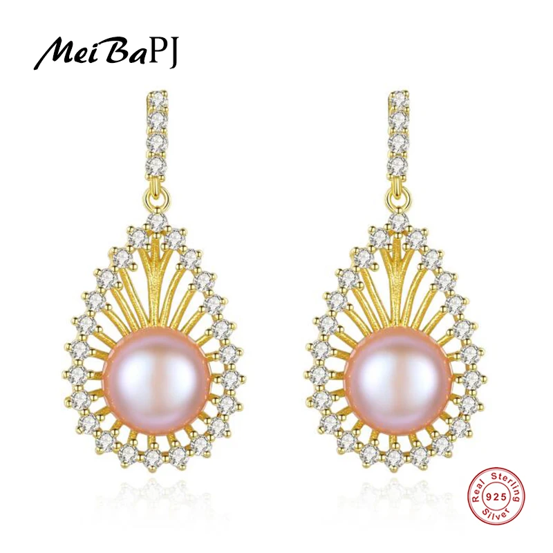 

[MeiBaPJ]Natural Freshwater Pearl Water Drop Earrings Real 925 Sterling Silver Fashion Earrings for Women