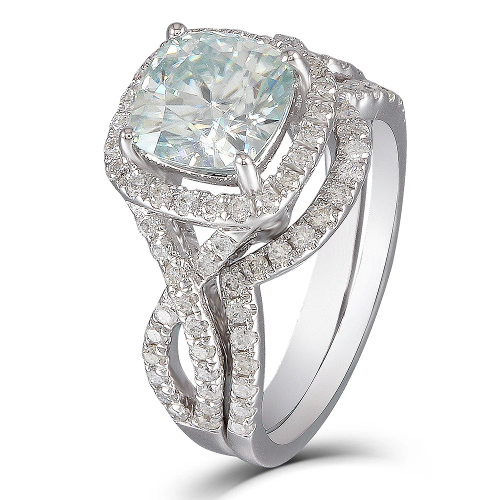 DOVEGGS 10 K белое золото 2.75CTW центр 7,5 мм Подушка разрезанный Муассанит Halo набор обручальных колец Solitare с акцентами для женщин DOVEGGS 10 K белое золото 2.75CTW центр 7,5 мм Подушка разрезанный Муассанит Halo набор обручальных колец Solitare с акцентами для женщин