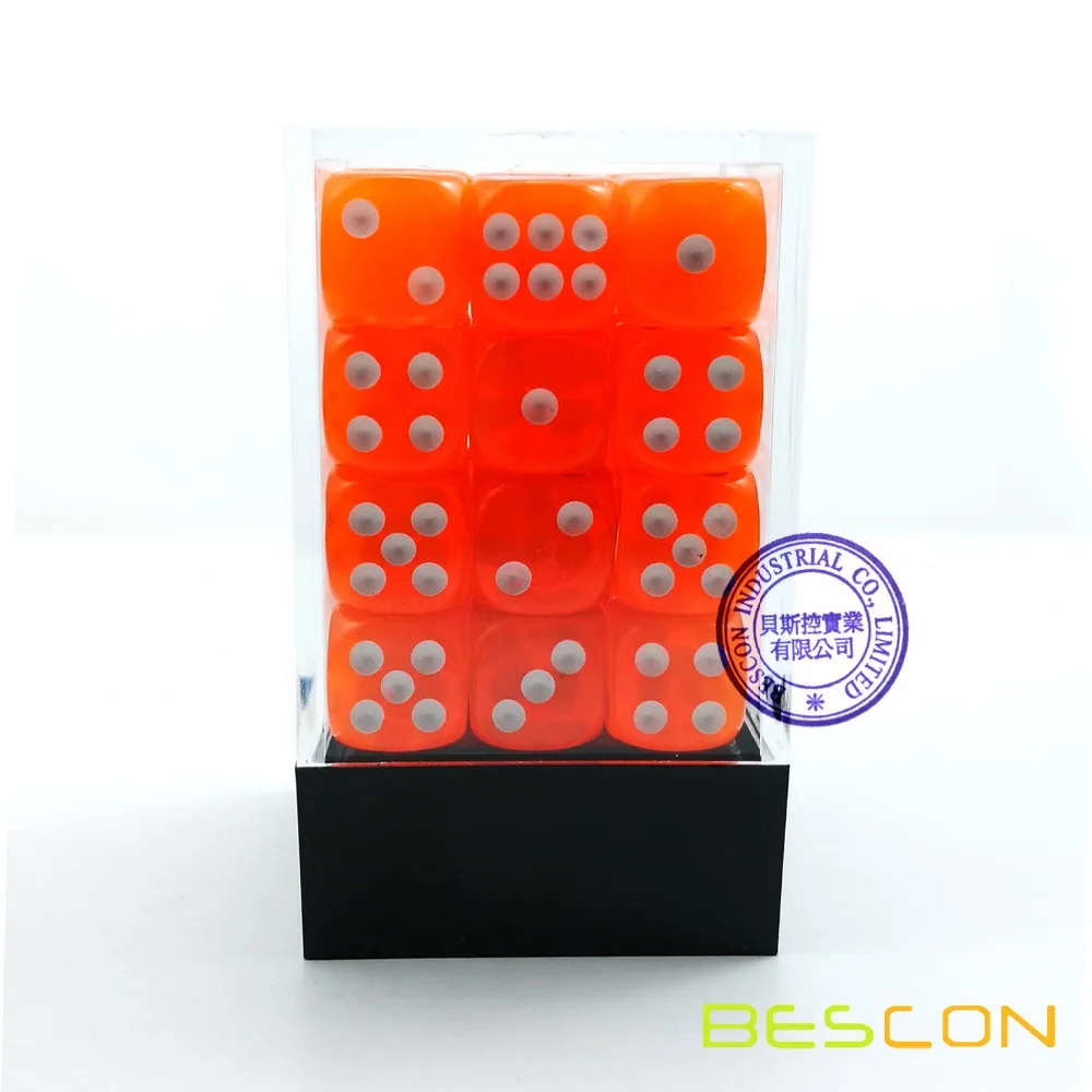 Bescon 12mm 6 Sided Dice 36 in Brick Box, 12mm Six Sided Die (36) Block of Dice, Translucent Orange with White Pips 2