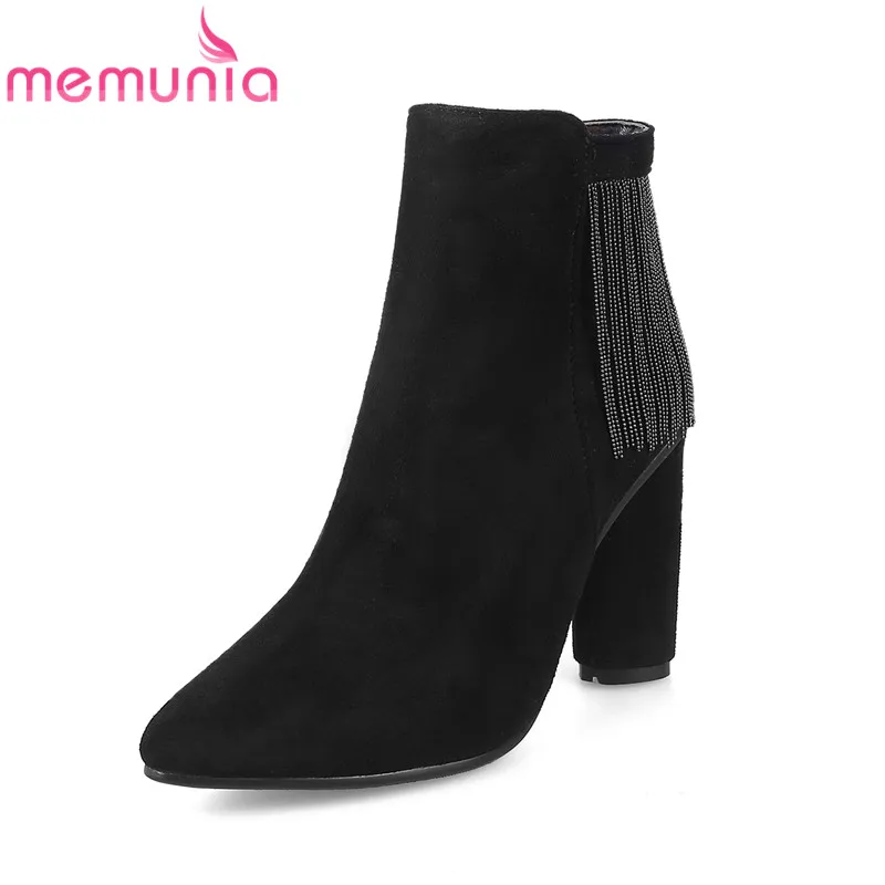 

MEMUNIA 2020 new arrival fashion boots with fringe pointed toe ankle boots for women 9cm thick high heels winter boots