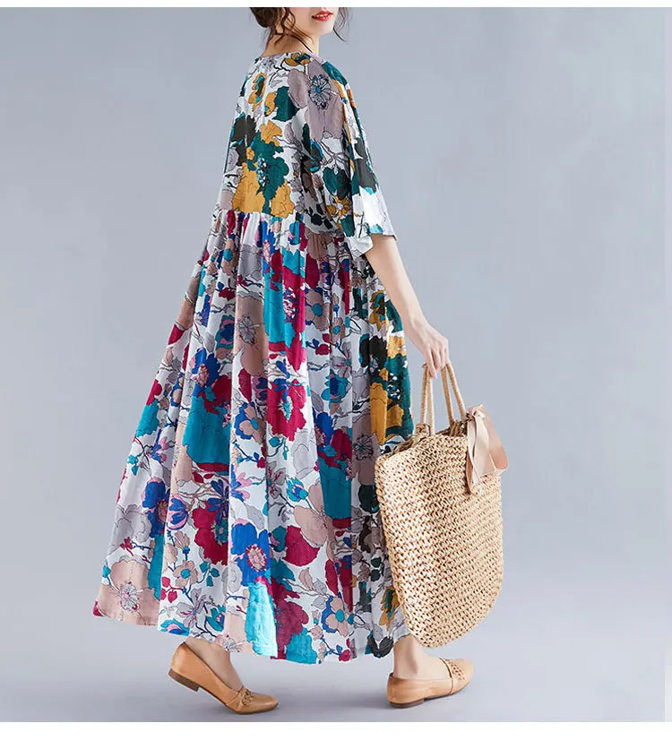 Johnature, новое повседневное женское платье большого размера с цветочным принтом, летняя одежда, лоскутное платье, богемное винтажное длинное платье