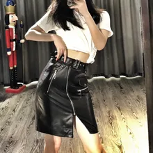 Короткая юбка из овчины, натуральная кожа,, модная женская короткая дизайнерская облегающая черная юбка с поясом на бедрах