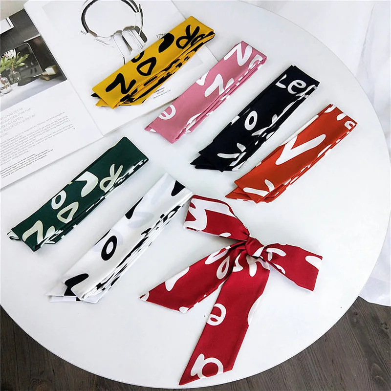 

Hot Fashion Accessories Letters Printed Skinny Scarf Women Neckerchief Female Hair Tie Band Small Head Ribbons Scarf